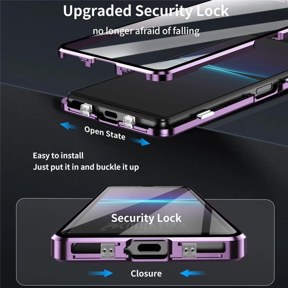 For Sony Xperia 10 V Magnetic Adsorption Case Metal Frame + Tempered Glass + PC Back Clear Phone Cover - Purple - 6