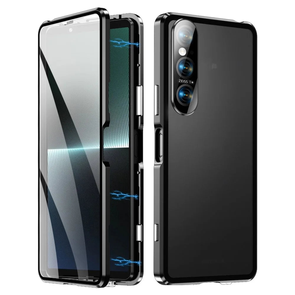 For Sony Xperia 1 V Magnetic Adsorption Case Metal Frame + Tempered Glass + PC Back Clear Phone Cover - Black - 1