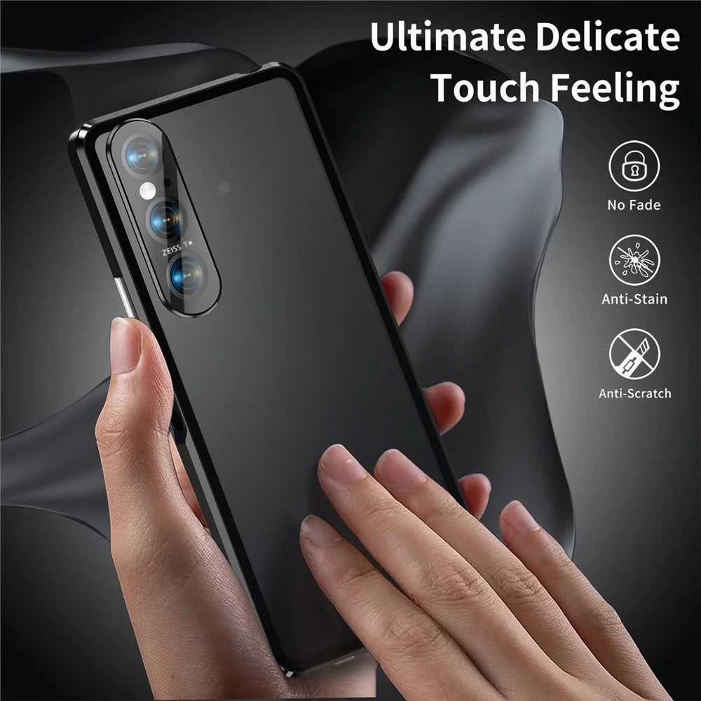 For Sony Xperia 1 V Magnetic Adsorption Case Metal Frame + Tempered Glass + PC Back Clear Phone Cover - Black - 2
