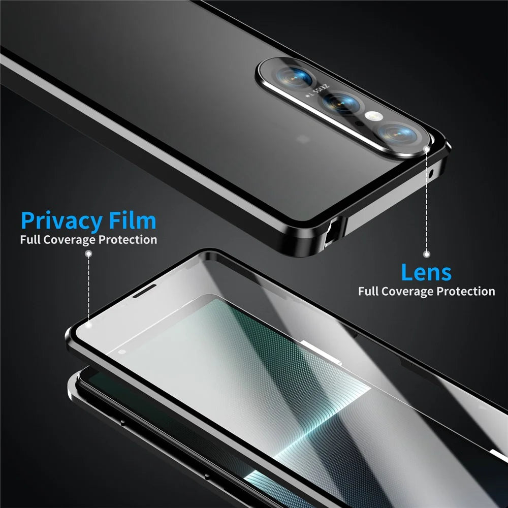 For Sony Xperia 1 V Magnetic Adsorption Case Metal Frame + Tempered Glass + PC Back Clear Phone Cover - Black - 5