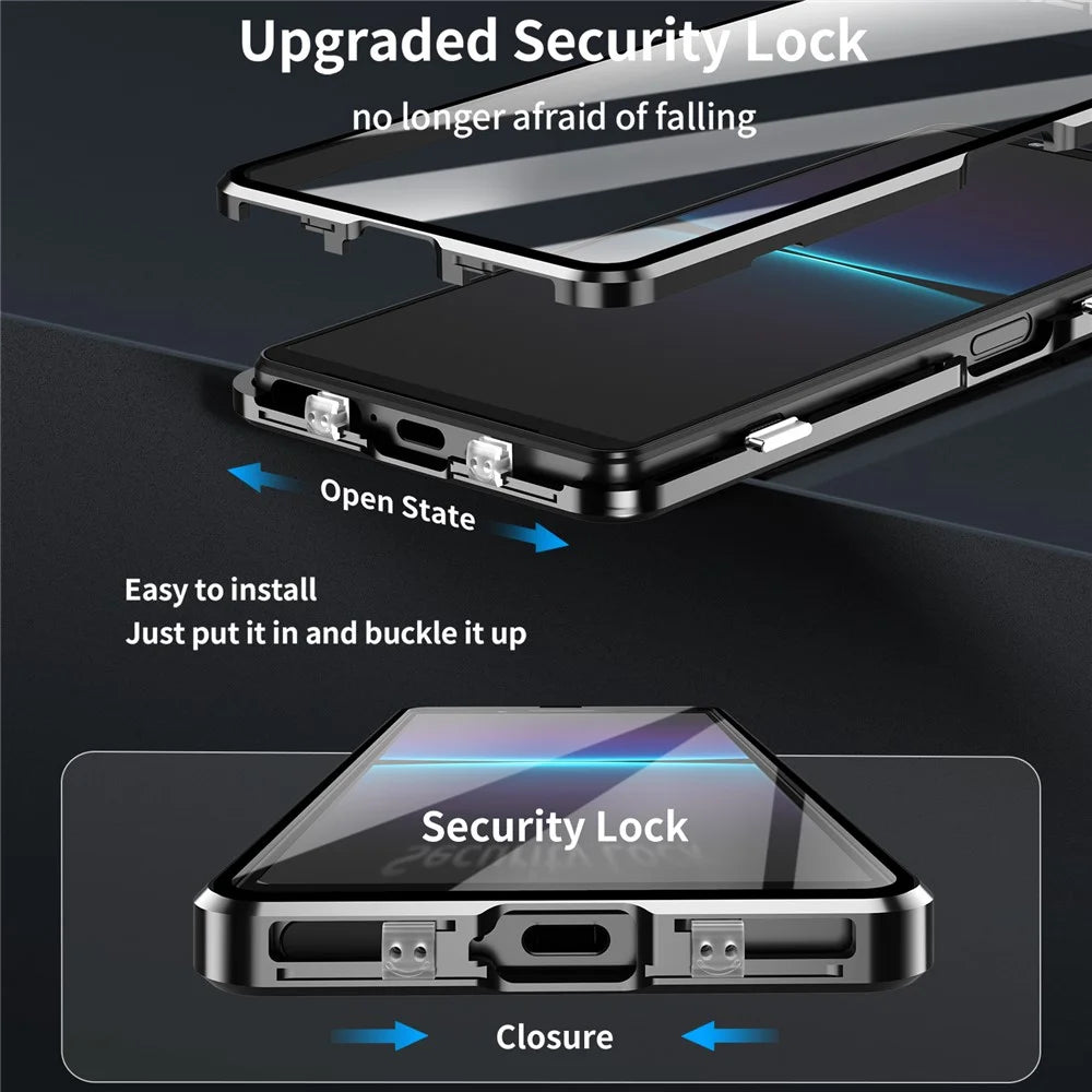 For Sony Xperia 1 V Magnetic Adsorption Case Metal Frame + Tempered Glass + PC Back Clear Phone Cover - Black - 6