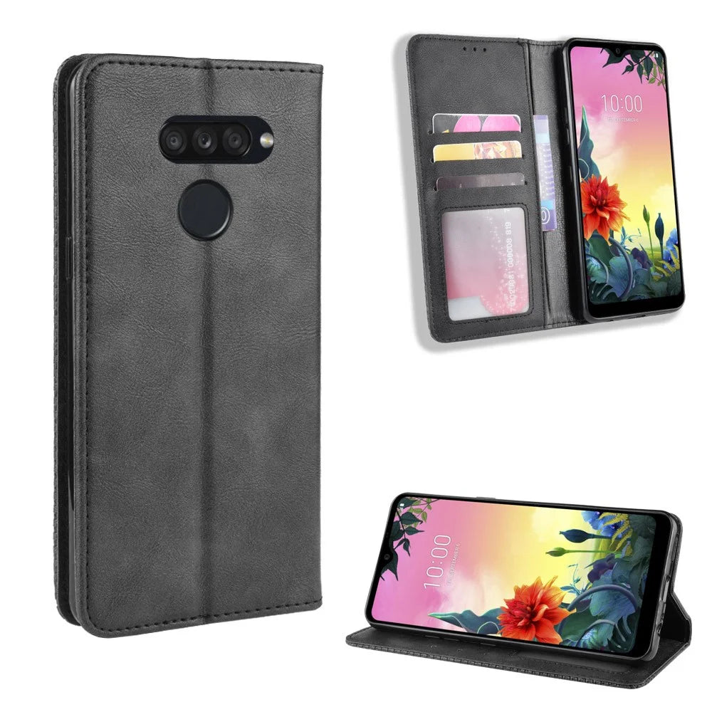Retro Style PU Leather Stand Wallet Protective Cell Phone Case for LG K50S - Black - 1