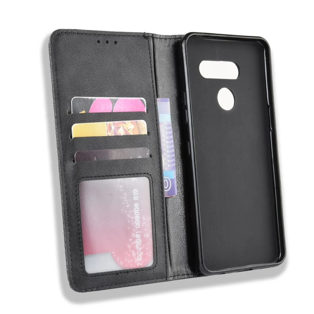 Retro Style PU Leather Stand Wallet Protective Cell Phone Case for LG K50S - Black - 5