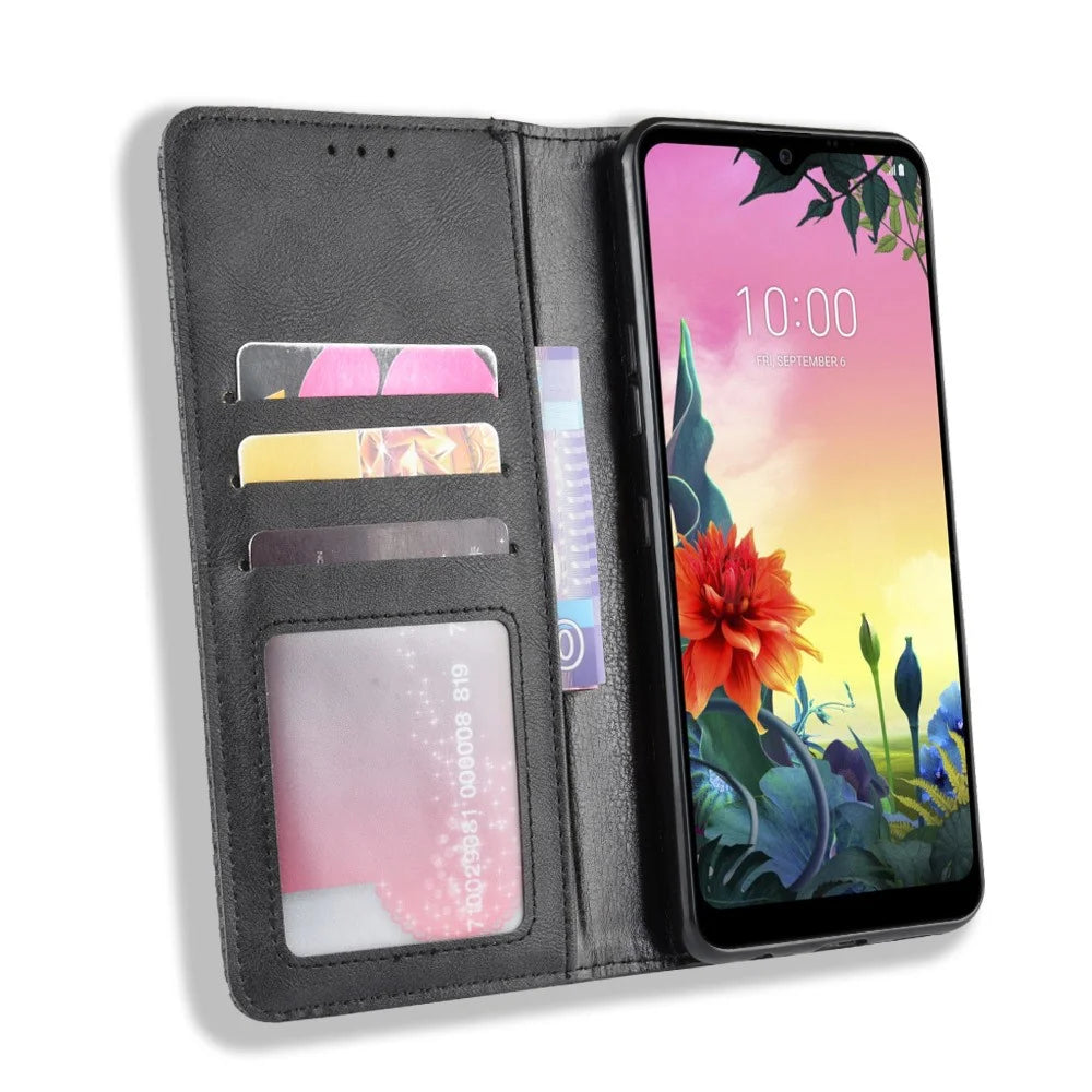 Retro Style PU Leather Stand Wallet Protective Cell Phone Case for LG K50S - Black - 6