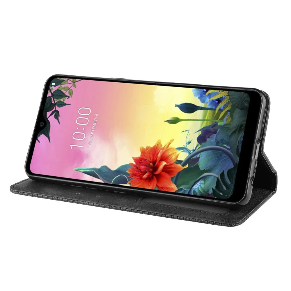 Retro Style PU Leather Stand Wallet Protective Cell Phone Case for LG K50S - Black - 7