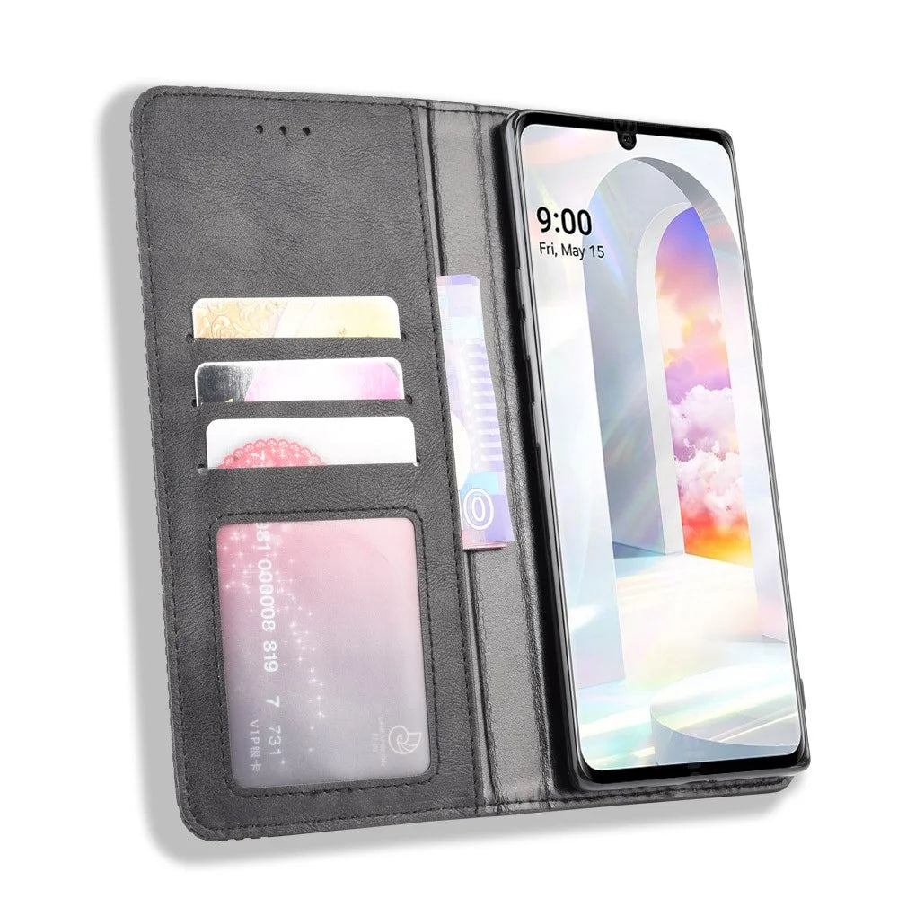 Auto-absorbed Retro PU Leather Shell Wallet Cell Phone Cover for LG Velvet - Black - 5