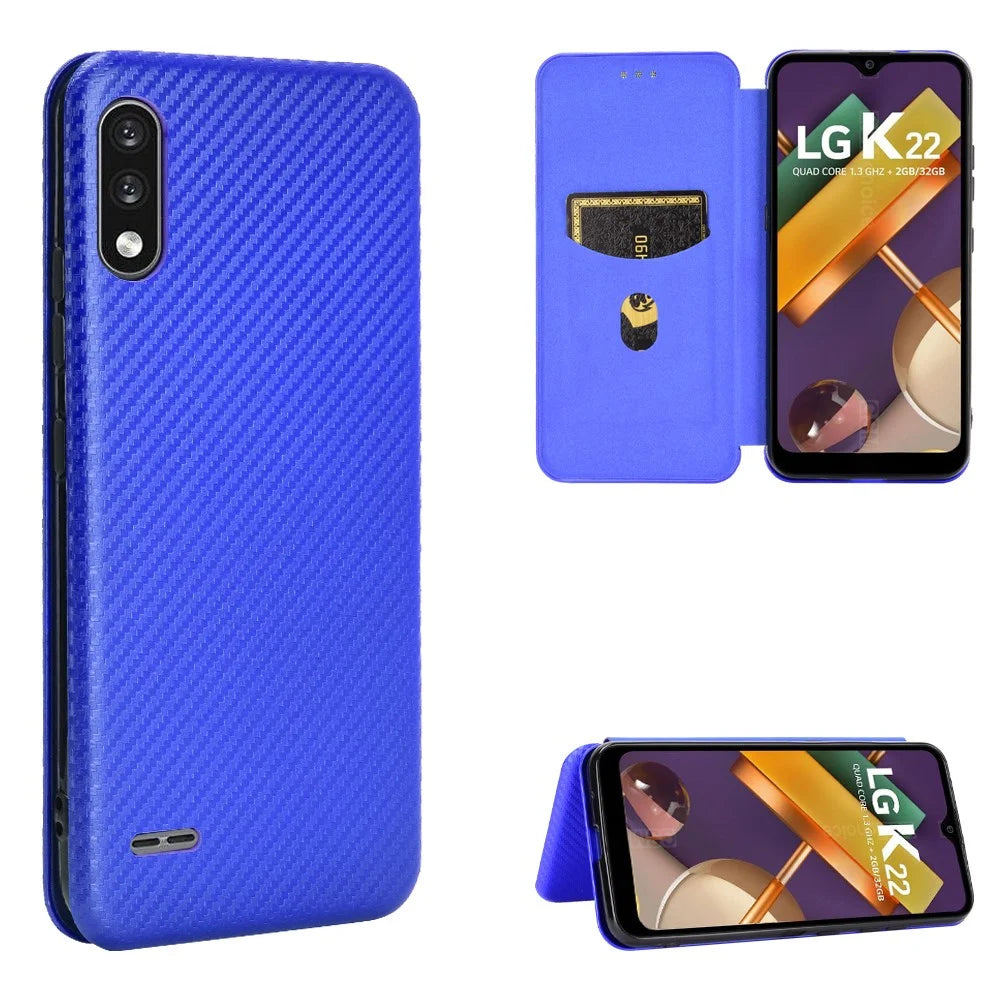 Carbon Fiber Skin Leather Auto-absorbed Phone Cover for LG K22 - Blue - 1