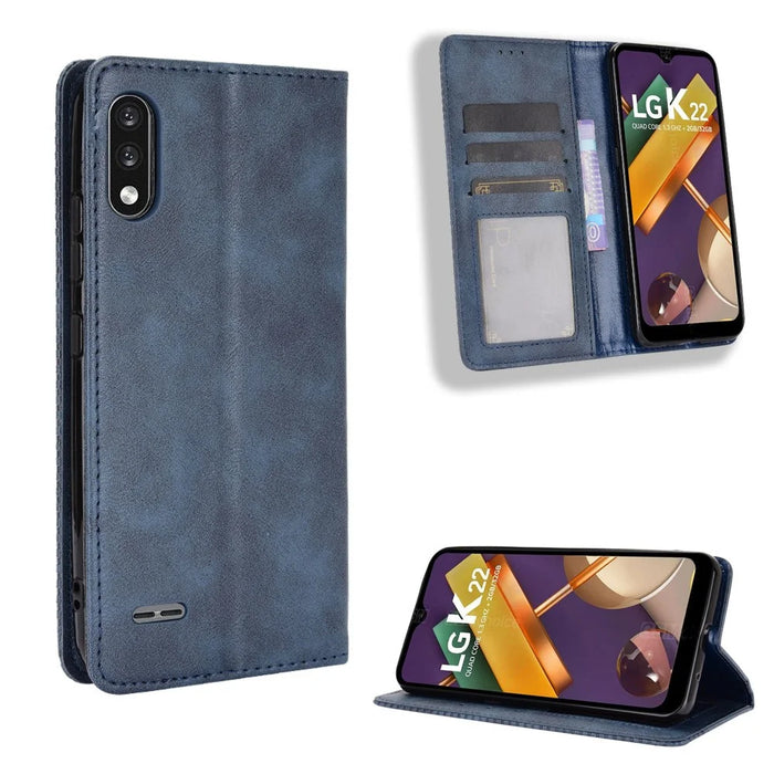 Magnetic Vintage Style Phone Case for LG K22 Wallet Stand Leather Cover - Blue - 1