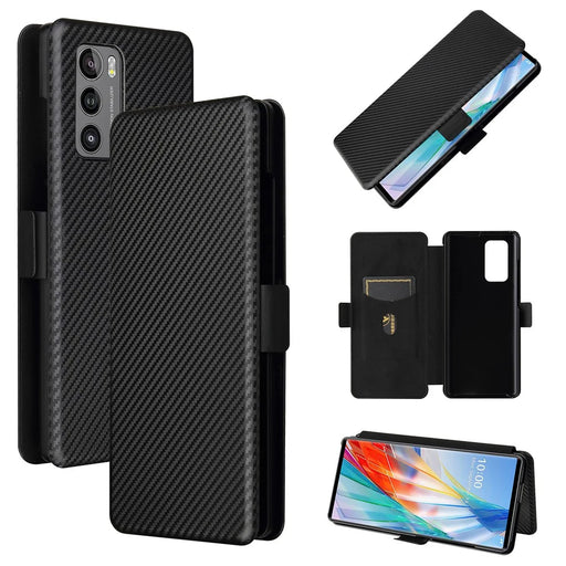 Carbon Fiber Skin Magnetic Phone Case with Buckle + Card Holder + Ring Strap for LG Wing 5G - Black - 1