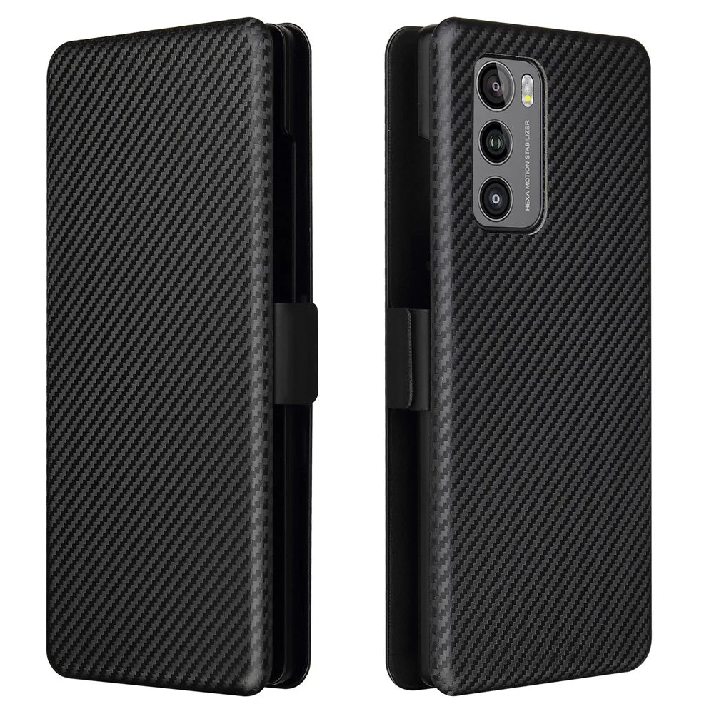Carbon Fiber Skin Magnetic Phone Case with Buckle + Card Holder + Ring Strap for LG Wing 5G - Black - 2