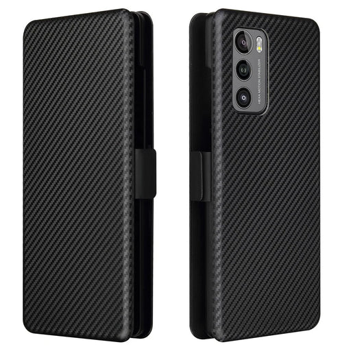 Carbon Fiber Skin Magnetic Phone Case with Buckle + Card Holder + Ring Strap for LG Wing 5G - Black - 2