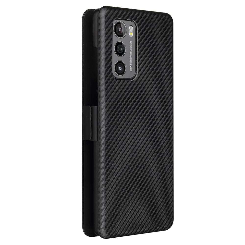 Carbon Fiber Skin Magnetic Phone Case with Buckle + Card Holder + Ring Strap for LG Wing 5G - Black - 4