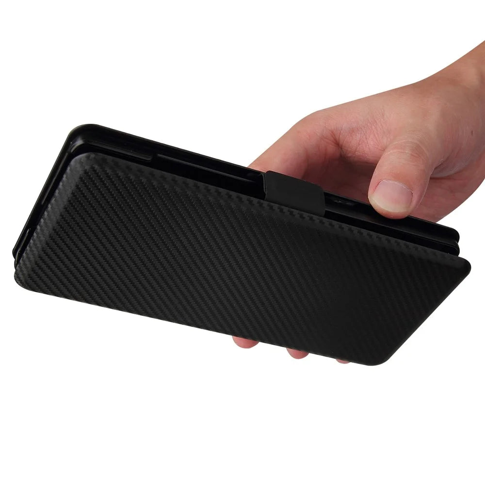 Carbon Fiber Skin Magnetic Phone Case with Buckle + Card Holder + Ring Strap for LG Wing 5G - Black - 5