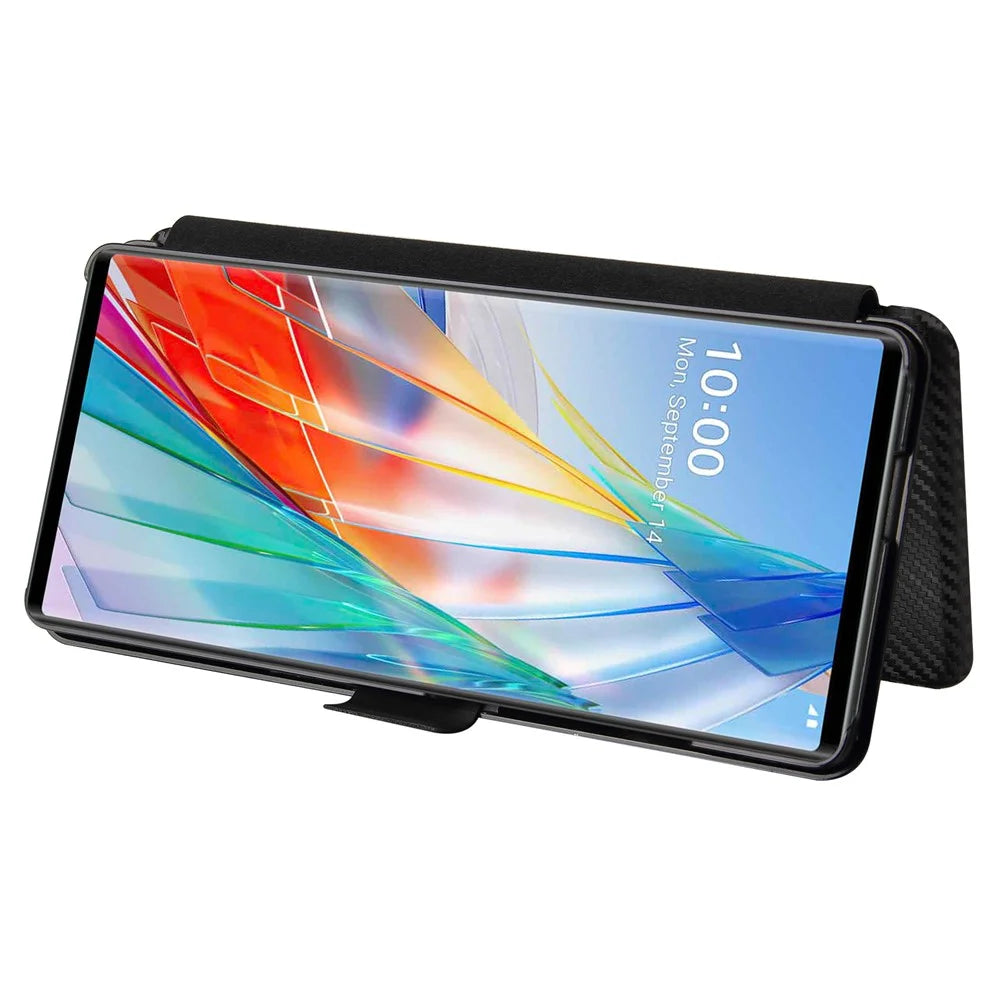 Carbon Fiber Skin Magnetic Phone Case with Buckle + Card Holder + Ring Strap for LG Wing 5G - Black - 7