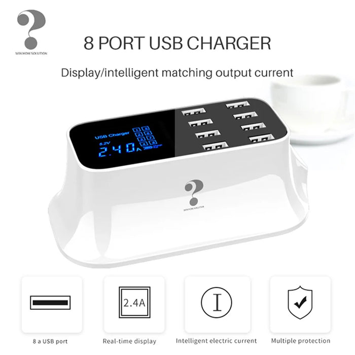 WIN HOW SOLUTION YC-CDA19 5V 8A 8 USB Ports Smart Charger with LCD Output Current and Voltage Display - Black Surface / EU Plug - 2