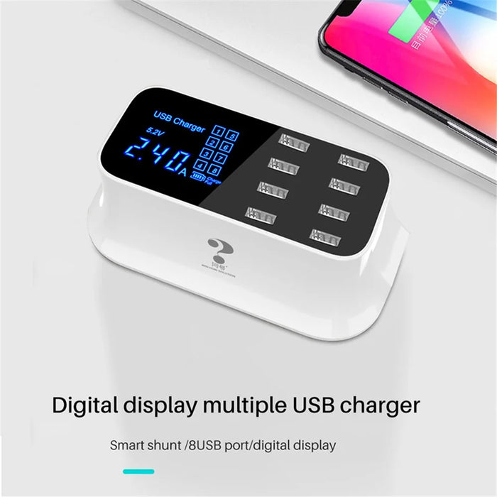 WIN HOW SOLUTION YC-CDA19 5V 8A 8 USB Ports Smart Charger with LCD Output Current and Voltage Display - Black Surface / EU Plug - 5
