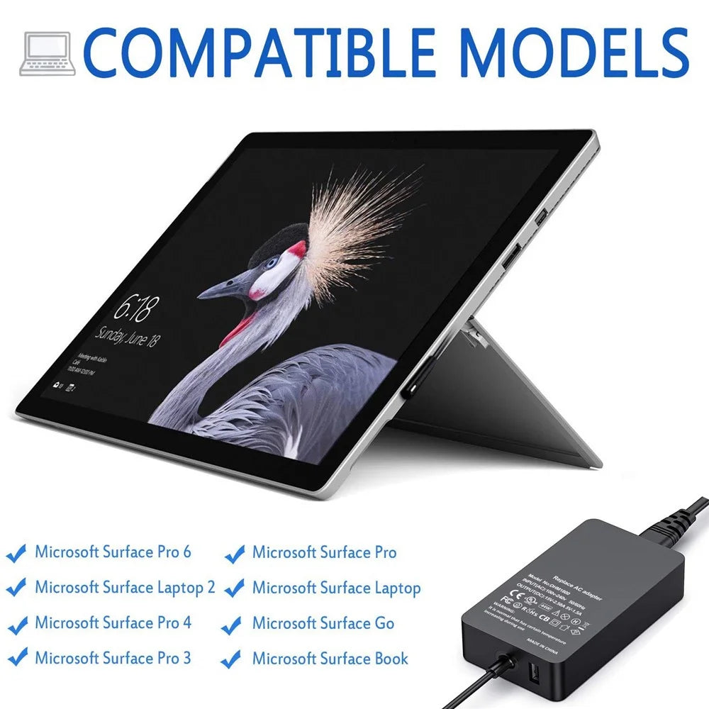 44W 15V 2.58A Power Adapter Charger with USB Charging Port for Microsoft Surface Pro 6/5/4/3 etc. - US Plug - 7