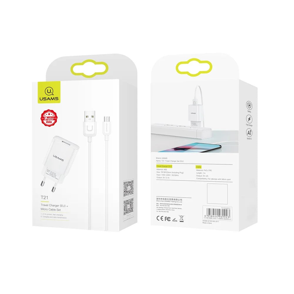 USAMS T21 Travel Charger Set 2.1A Wall Phone Charger and Micro USB Cable (EU Plug) - 2
