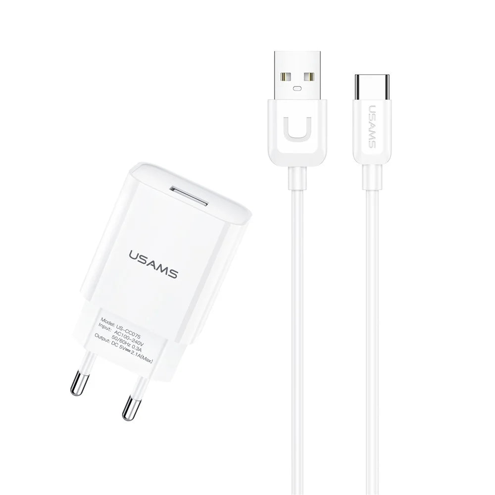 USAMS T21 2.1A High-Current Time-Saving Charging Wall Phone Charger and Type-C Cable (EU Plug) - 1