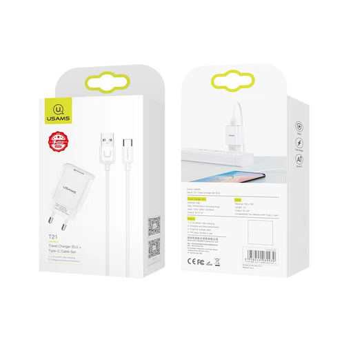 USAMS T21 2.1A High-Current Time-Saving Charging Wall Phone Charger and Type-C Cable (EU Plug) - 2