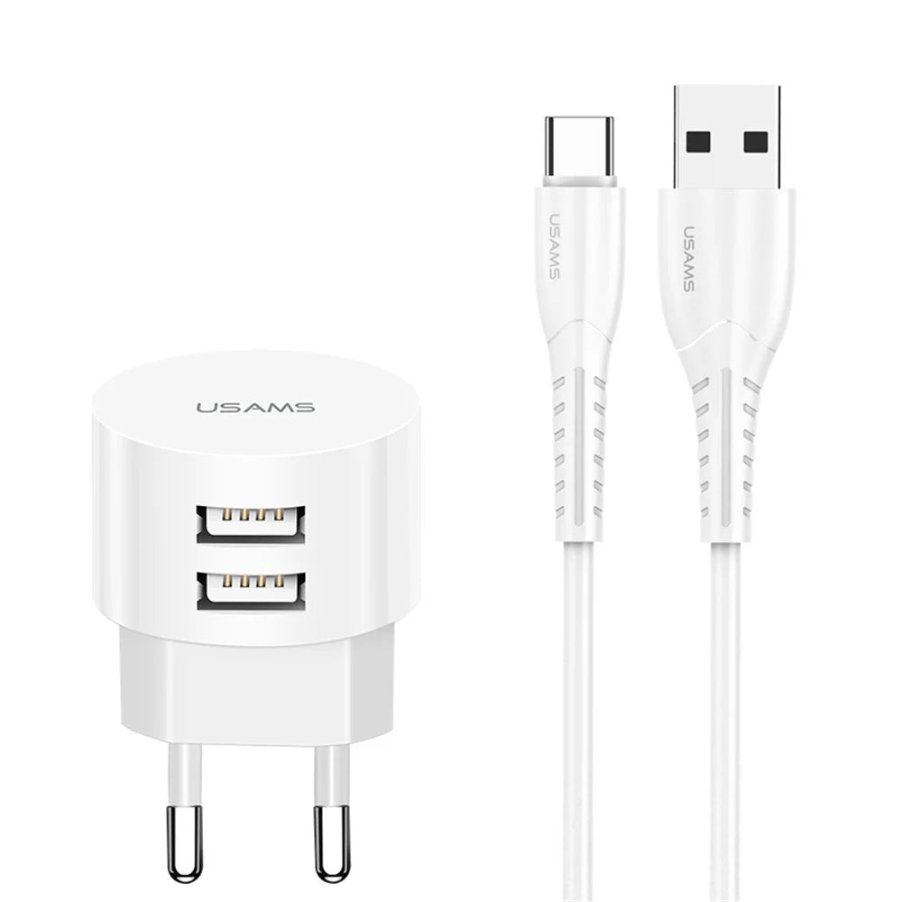 USAMS Dual Ports USB Round Travel Charger + Type-C Data Sync Charging Cable for Huawei Samsung - EU Plug - 1