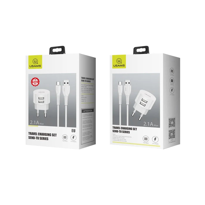 USAMS Dual Ports USB Round Travel Charger + Type-C Data Sync Charging Cable for Huawei Samsung - EU Plug - 4