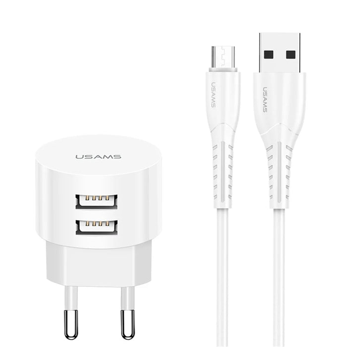 USAMS USAMS-XT T20 Dual USB Ports Round Travel Charger + U35 Data Sync Micro Charging Cable Set - EU Plug - 1