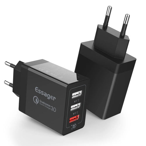ESSAGER QC3.0 + Dual 2.4A USB 30W Travel Charger Wall Charger - Black/EU Plug - 1