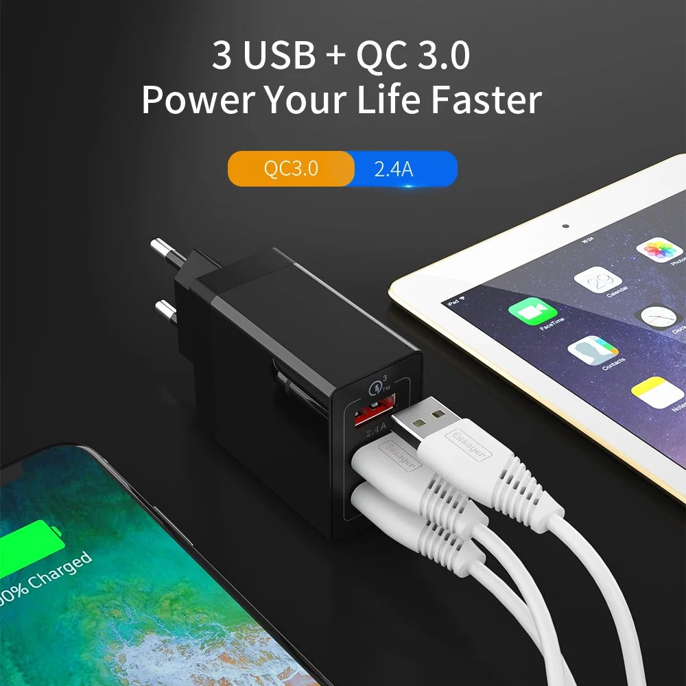 ESSAGER QC3.0 + Dual 2.4A USB 30W Travel Charger Wall Charger - Black/EU Plug - 3