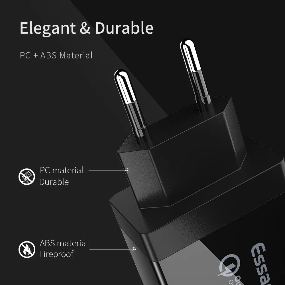 ESSAGER QC3.0 + Dual 2.4A USB 30W Travel Charger Wall Charger - Black/EU Plug - 5