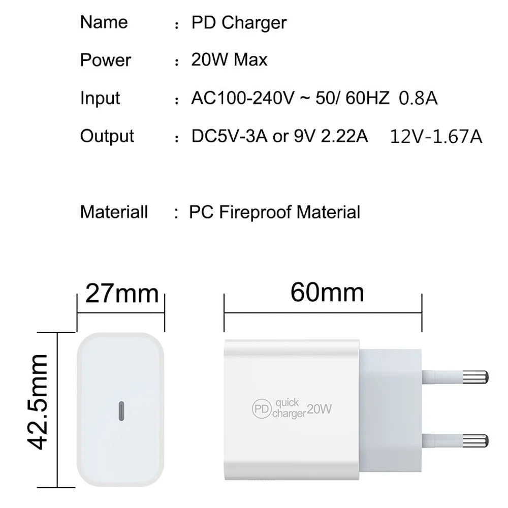 PD 20W Fast Charging USB C Charger Block EU Plug Power Adapter for iPhone 13 / 14 Series - 7