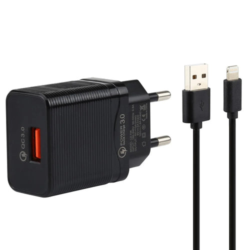 LZ-728 2 in 1 QC 3.0 18W [EU Plug] Travel Charger + USB to Lightning 8 Pin Data Cable, 1m - Black - 1