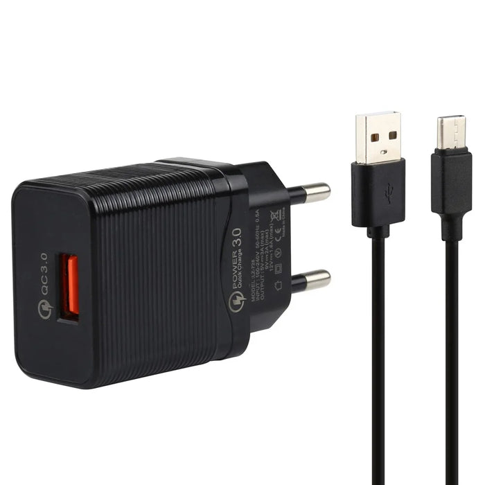 LZ-728 Quick Charger 18W [EU Plug] Travel Charger + USB to Type-C Data Cable, Length: 1m - Black - 1