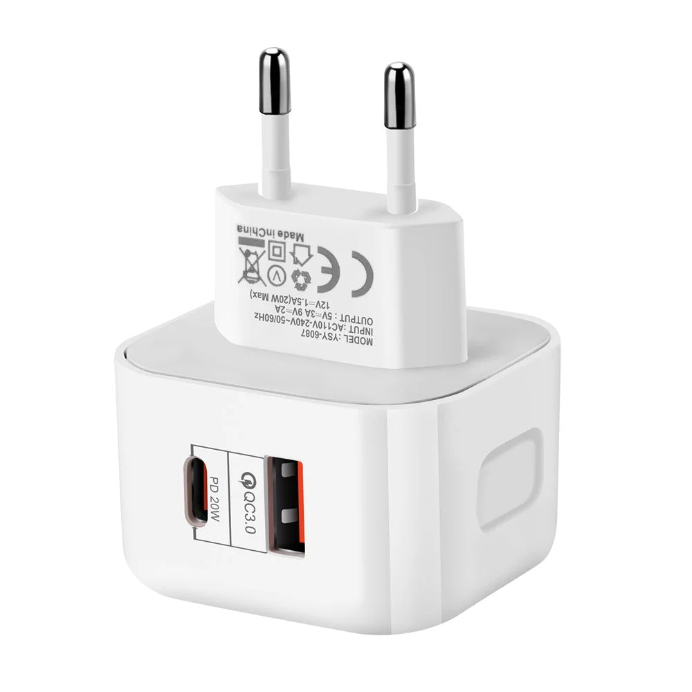 YSY-6087 PD 20W+QC 3.0 Dual Port Wall Charger Travel Power Adapter - EU Plug - 2