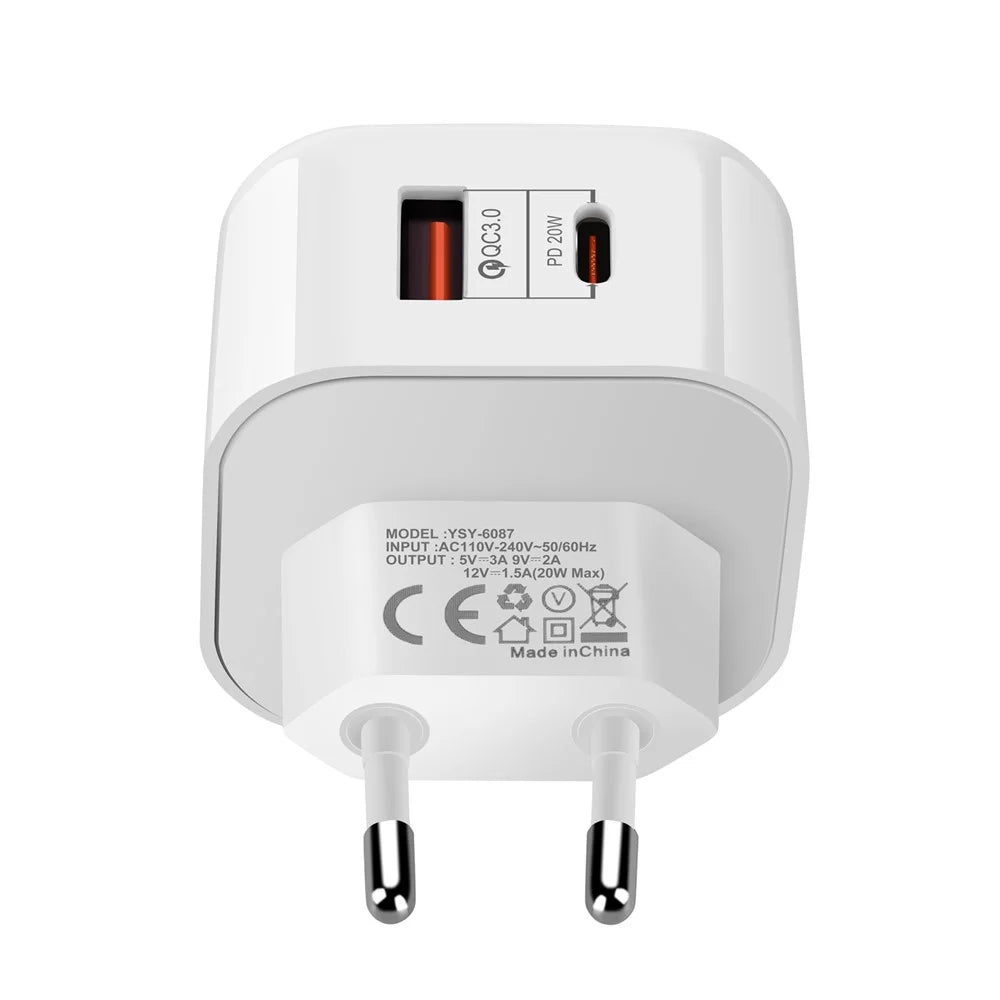YSY-6087 PD 20W+QC 3.0 Dual Port Wall Charger Travel Power Adapter - EU Plug - 3