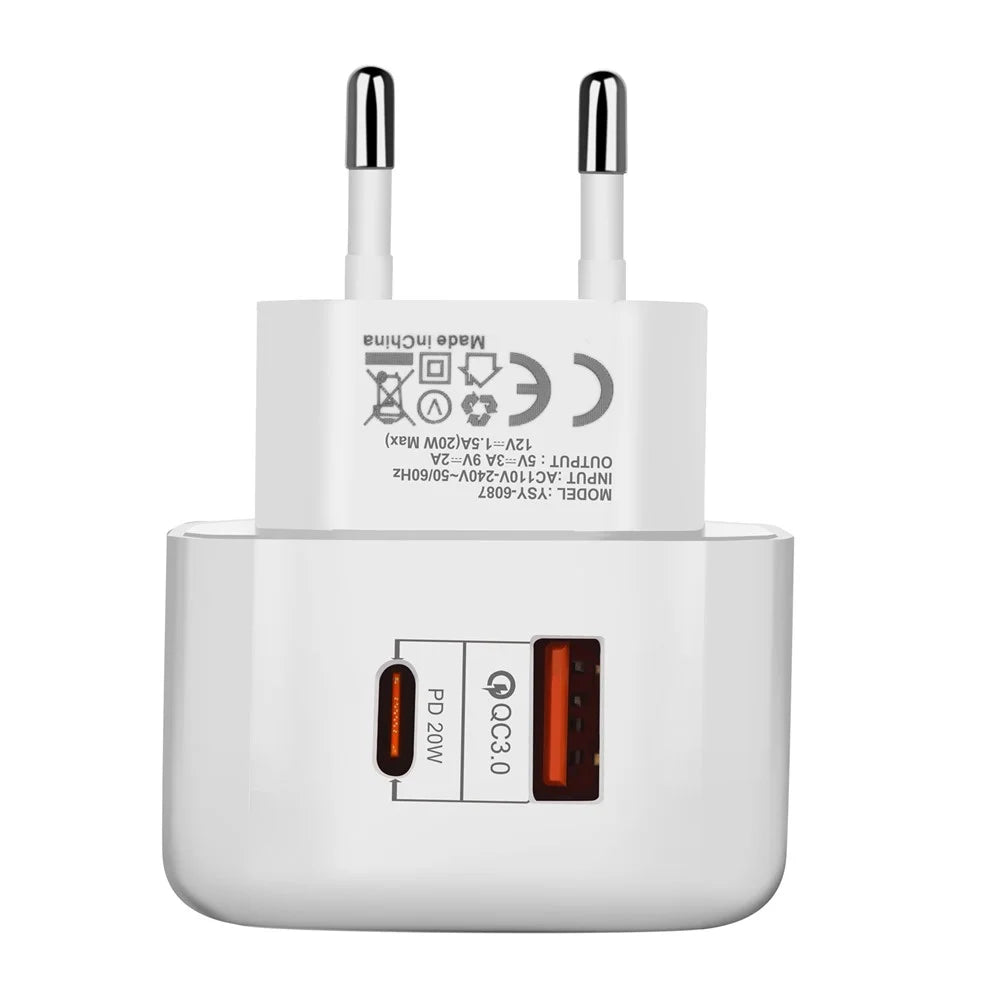 YSY-6087 PD 20W+QC 3.0 Dual Port Wall Charger Travel Power Adapter - EU Plug - 6