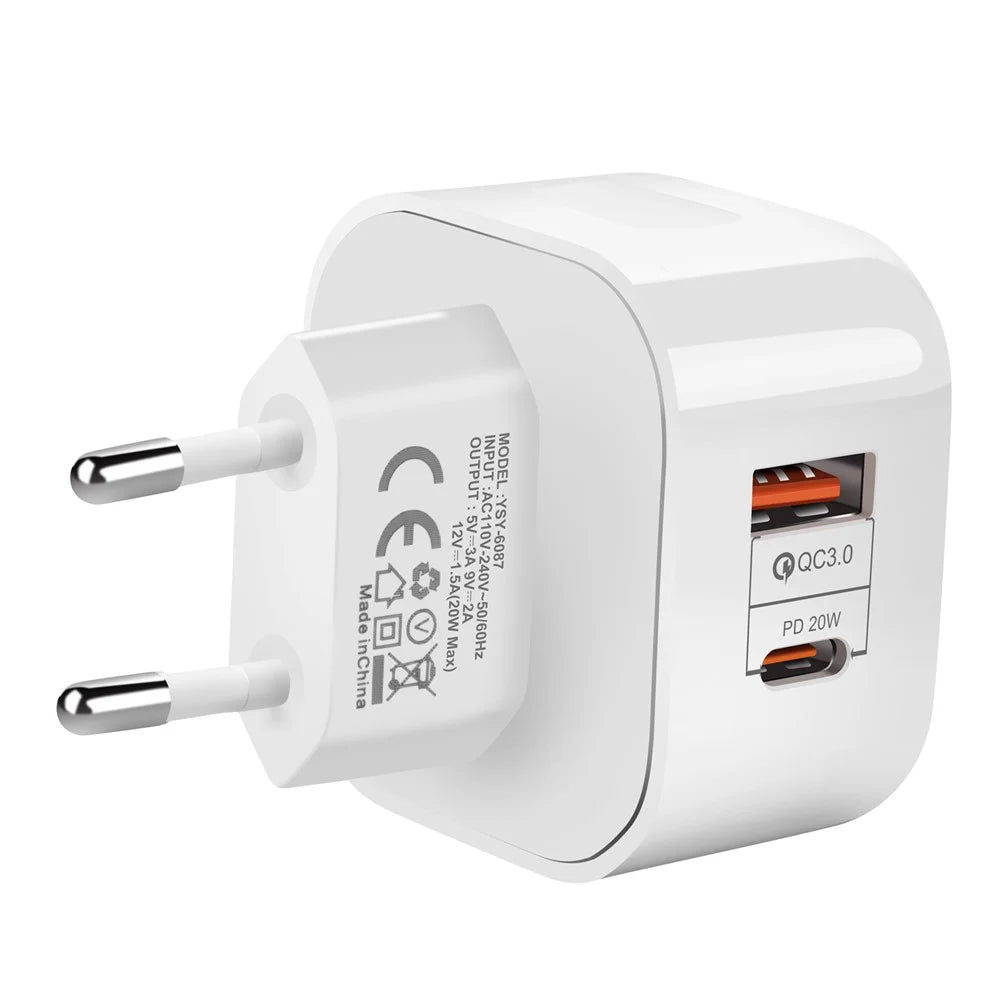 YSY-6087 PD 20W+QC 3.0 Dual Port Wall Charger Travel Power Adapter - EU Plug - 7