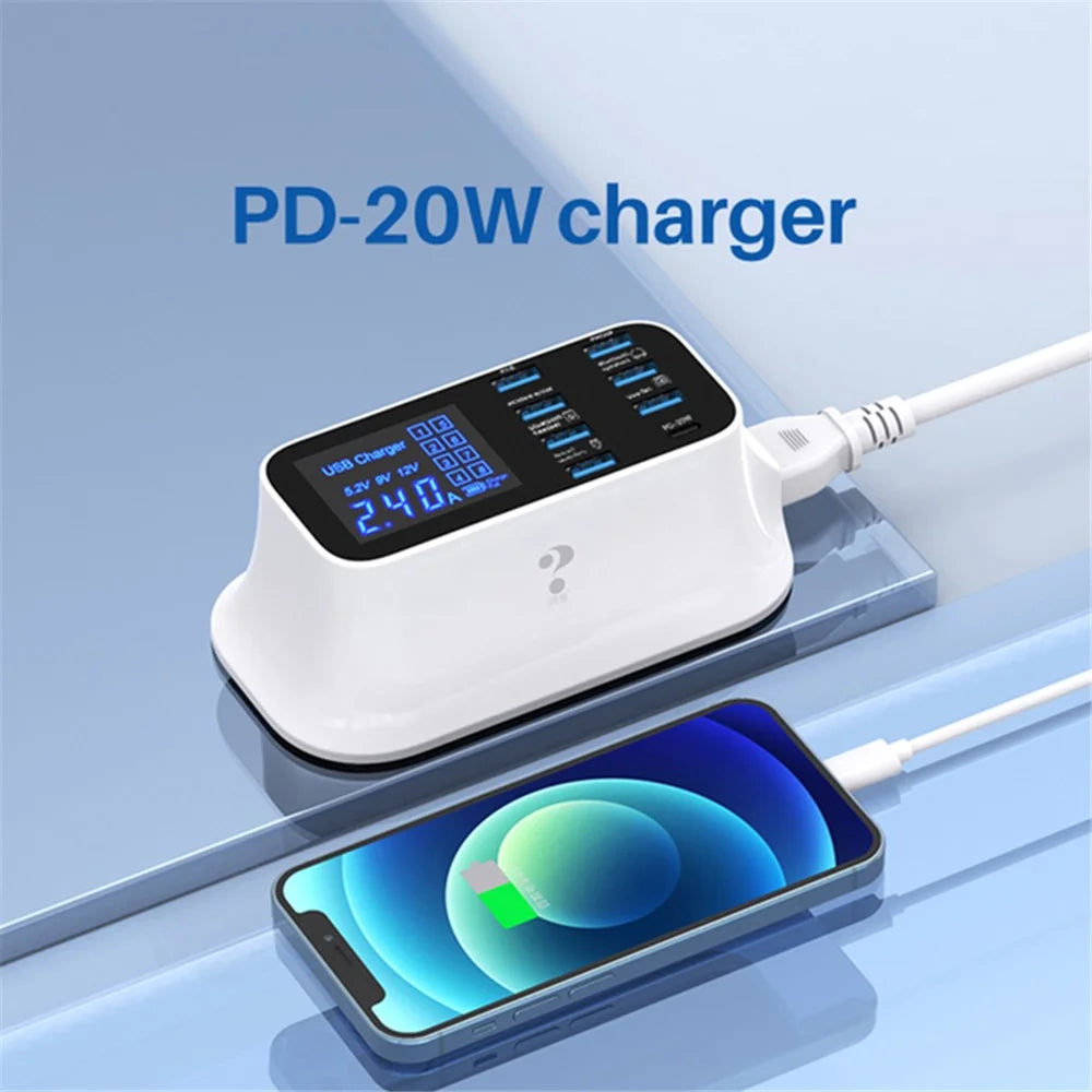 WIN HOW SOLUTION YC-CDA19 Type C PD 20W Fast Charging Hub Station 8-Port USB Charger for iPhone 12 11 X XR XS Max [CE Certificated] - US Plug - 2