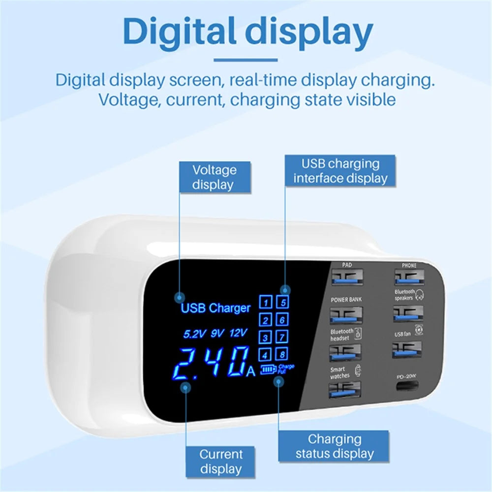 WIN HOW SOLUTION YC-CDA19 Type C PD 20W Fast Charging Hub Station 8-Port USB Charger for iPhone 12 11 X XR XS Max [CE Certificated] - US Plug - 5