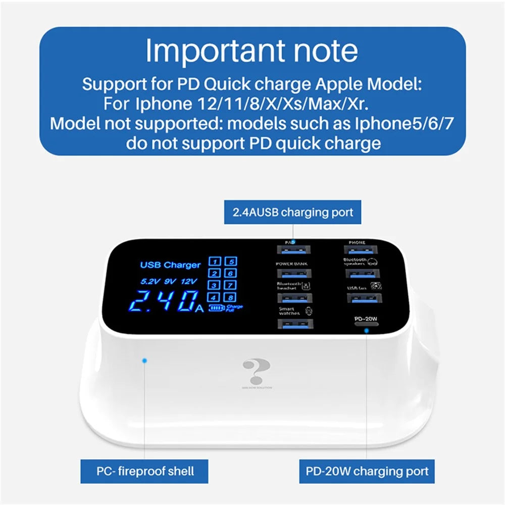 WIN HOW SOLUTION YC-CDA19 Type C PD 20W Fast Charging Hub Station 8-Port USB Charger for iPhone 12 11 X XR XS Max [CE Certificated] - US Plug - 7