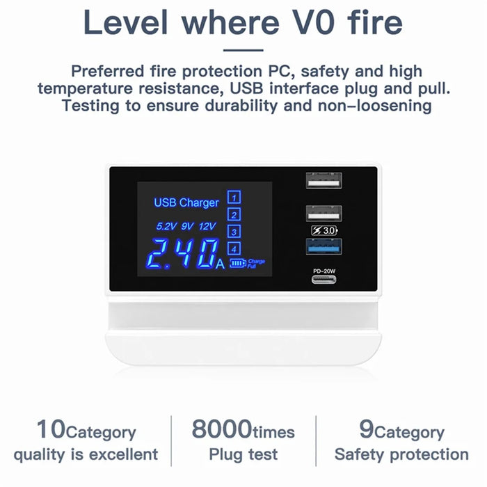 WIN HOW SOLUTION YC-CDA26D Quick Charge 3.0 USB +PD 20W Type-C Fast Charging Station 4-Port Charger [CE Certificated] - EU Plug - 6