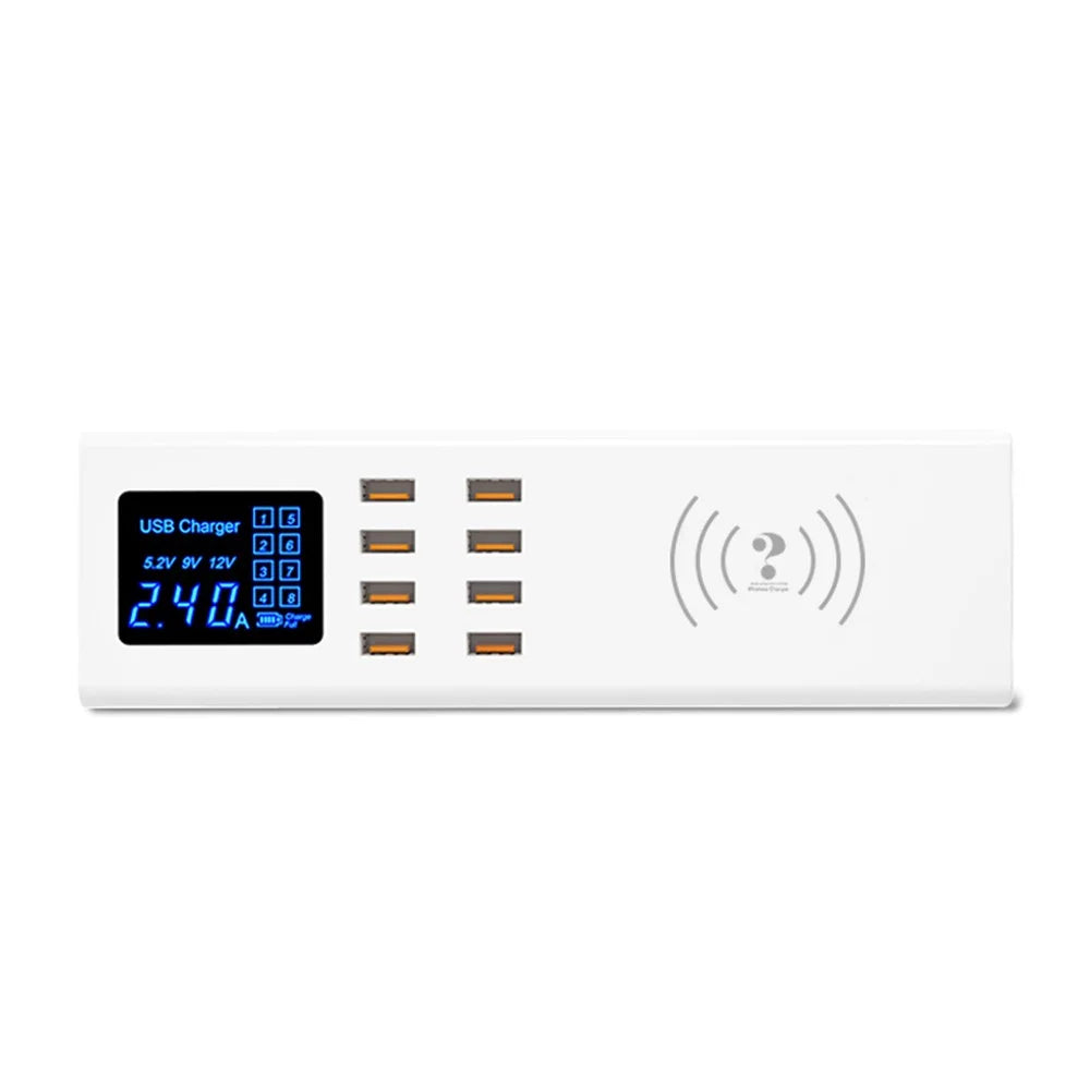 WIN HOW SOLUTION YC-CDA23 QI Wireless Charger 8 Ports USB Charger Hub LED Display 40W Mobile Phones Tablets Charging Station (CE Certificated) - EU Plug - 1