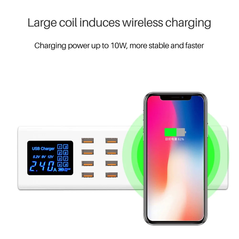 WIN HOW SOLUTION YC-CDA23 QI Wireless Charger 8 Ports USB Charger Hub LED Display 40W Mobile Phones Tablets Charging Station (CE Certificated) - EU Plug - 3