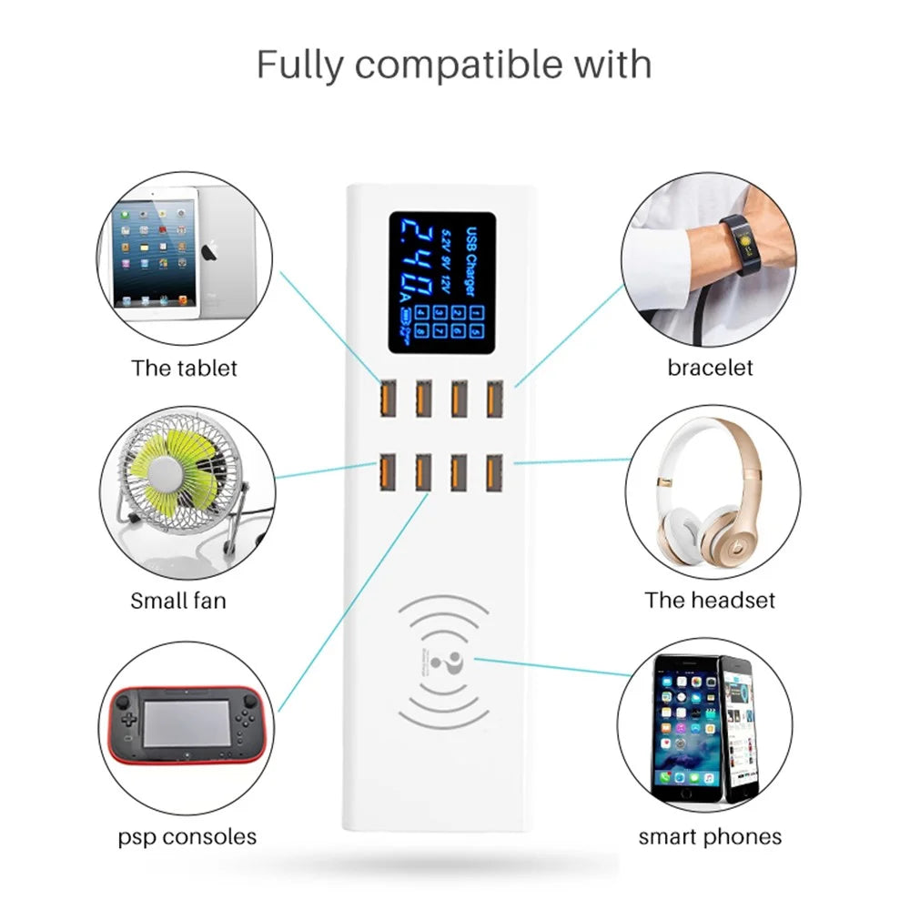 WIN HOW SOLUTION YC-CDA23 QI Wireless Charger 8 Ports USB Charger Hub LED Display 40W Mobile Phones Tablets Charging Station (CE Certificated) - EU Plug - 4