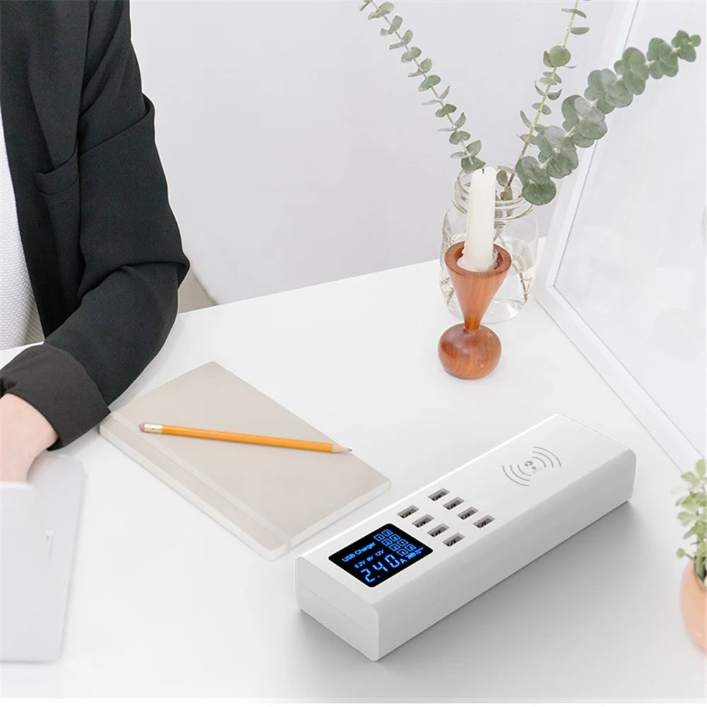 WIN HOW SOLUTION YC-CDA23 QI Wireless Charger 8 Ports USB Charger Hub LED Display 40W Mobile Phones Tablets Charging Station (CE Certificated) - EU Plug - 5