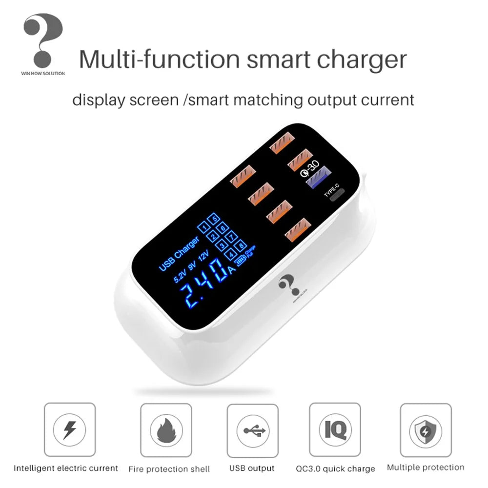 WIN HOW SOLUTION YC-CDA19Q 40W Fast Charging QC3.0 USB Type-C PD Charger Station LED Display Mobile Phone Tablet USB Charger (CE Certificated) - US Plug - 2