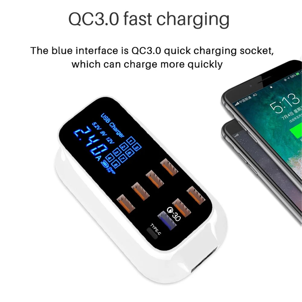 WIN HOW SOLUTION YC-CDA19Q 40W Fast Charging QC3.0 USB Type-C PD Charger Station LED Display Mobile Phone Tablet USB Charger (CE Certificated) - US Plug - 3