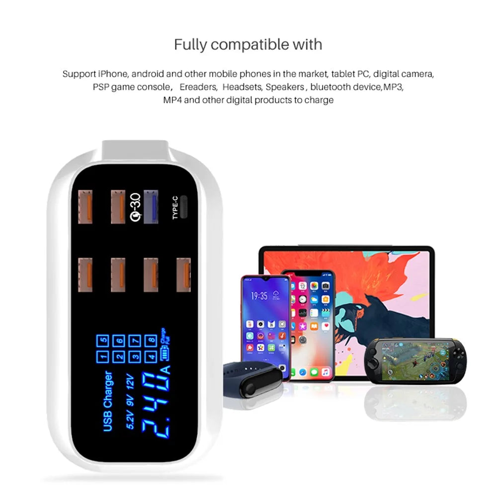 WIN HOW SOLUTION YC-CDA19Q 40W Fast Charging QC3.0 USB Type-C PD Charger Station LED Display Mobile Phone Tablet USB Charger (CE Certificated) - US Plug - 7
