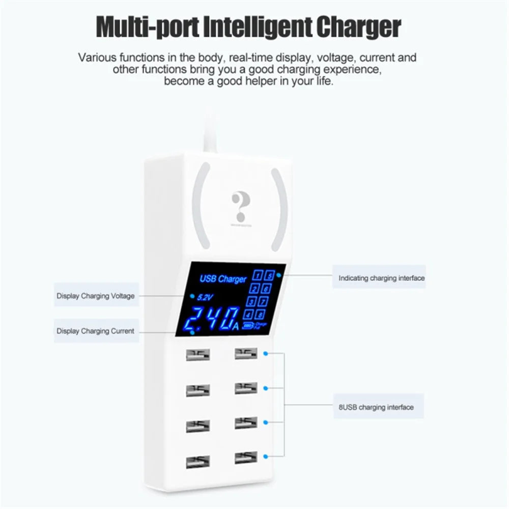 WIN HOW SOLUTION YC-CDA31 8 USB Ports 40W Mobile Phone Tablet Charger Hub Charging Dock with Large LED Screen - US Plug - 5