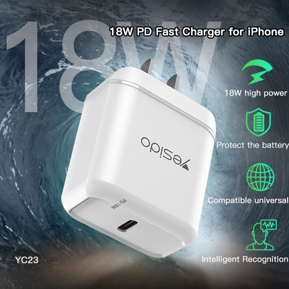 YESIDO YC23 USB C PD 18W High Power Wall Fast Charger Block Power Adapter - UK Plug - 2